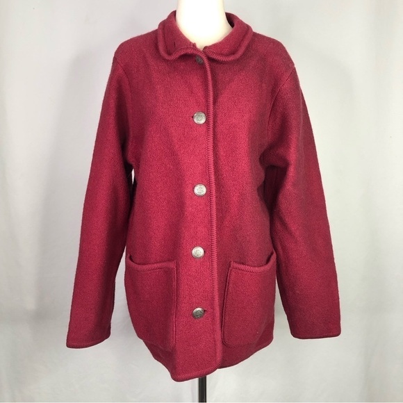 L.L. Bean boiled wool sweater jacket cranberry red buttons patch pockets Small - Picture 1 of 9